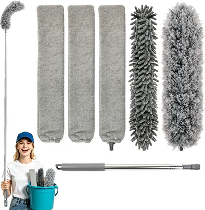 Microfiber Feather Duster 6-in-1 Kit | Extendable Duster with 100" Pole | Washable Long Handle Duster Set for High Ceilings, Fans, Blinds