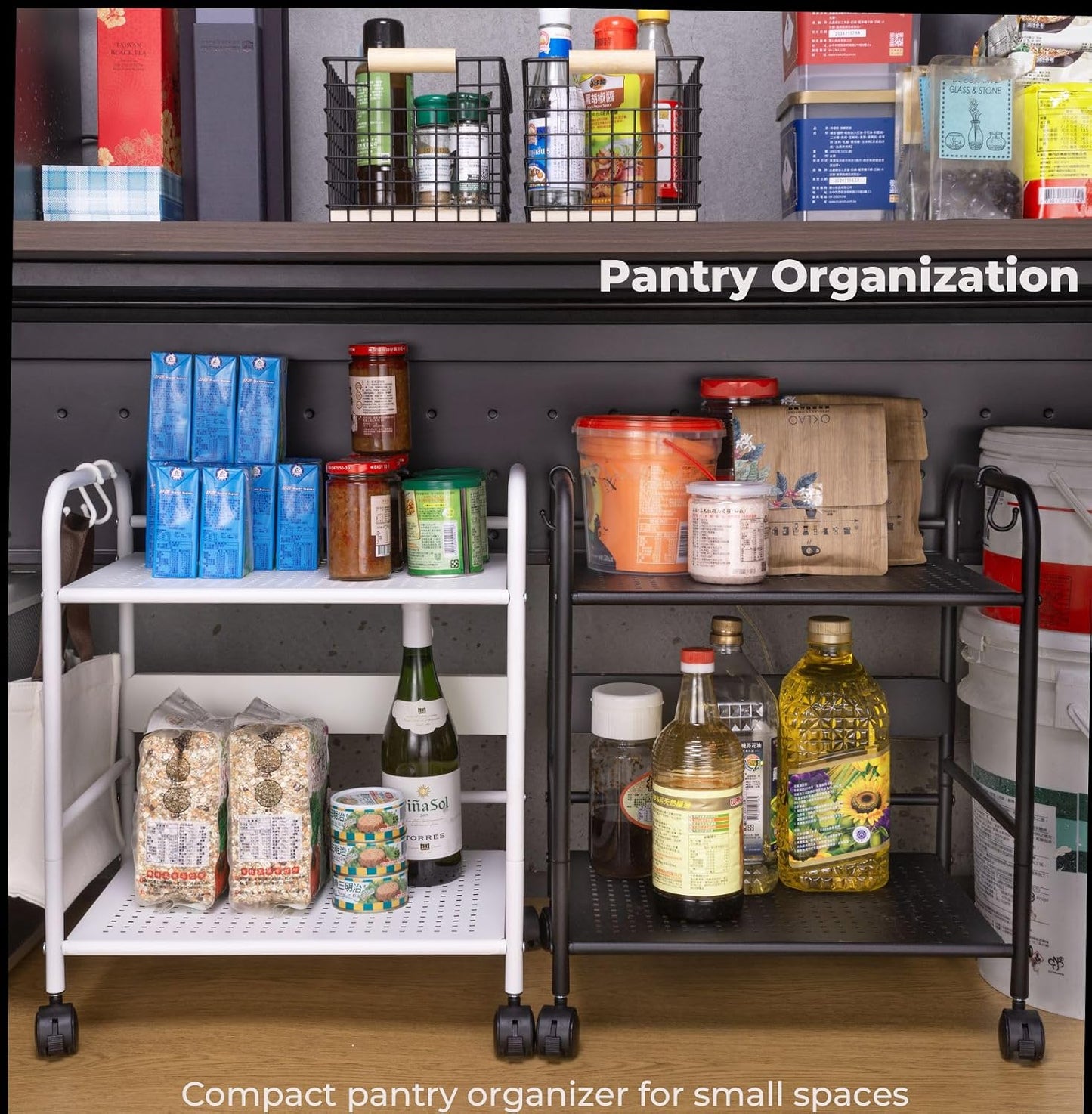 2-Tier Metal Rolling Cart, Compact Under Desk Storage Organizer | 12.2" clearance fits binders & tall bottles; anti-drop safety guard; small space mobile shelf for home, bedroom & office.