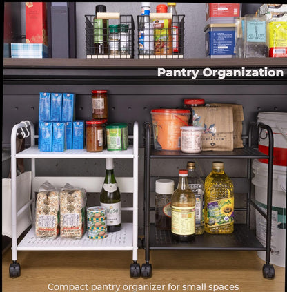 2-Tier Metal Rolling Cart, Compact Under Desk Storage Organizer | 12.2" clearance fits binders & tall bottles; anti-drop safety guard; small space mobile shelf for home, bedroom & office.
