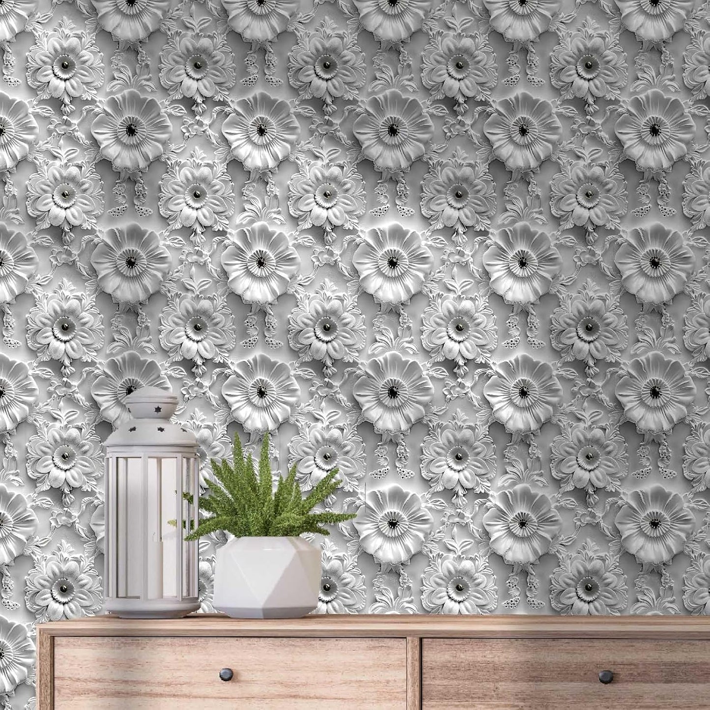 Grey White Floral Peel and Stick Wallpaper Modern Removable Self Adhesive Vinyl Contact Wall Paper with Printed 3D Visual Effect Flowers for Bedroom Bathroom Living Room 17.7" X 70.8"