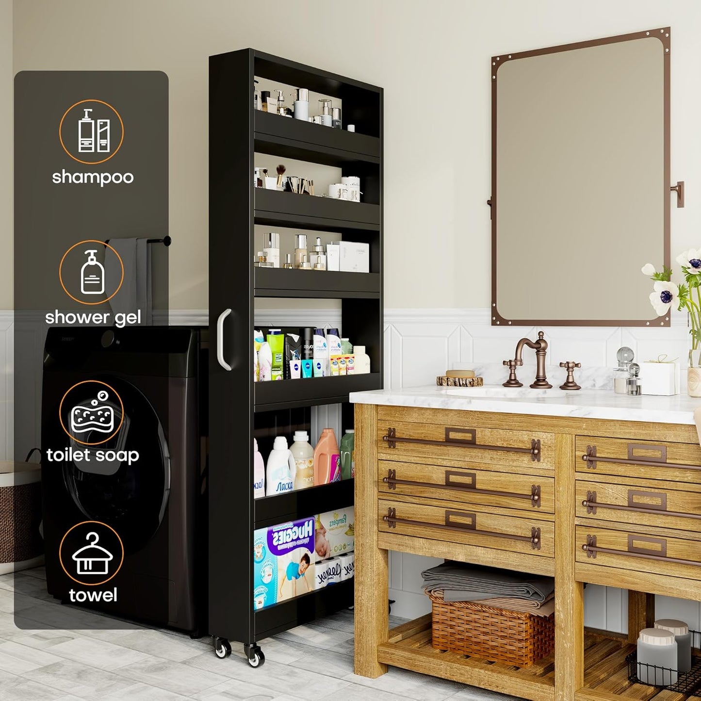 Slim Storage Cart, Lightweight 6 Tier Metal Rolling Utility Kitchen Cart on Wheels, Mobile Storage Shelving Unit Organizer for Bathroom Laundry Office Narrow Places (White, 6" D)