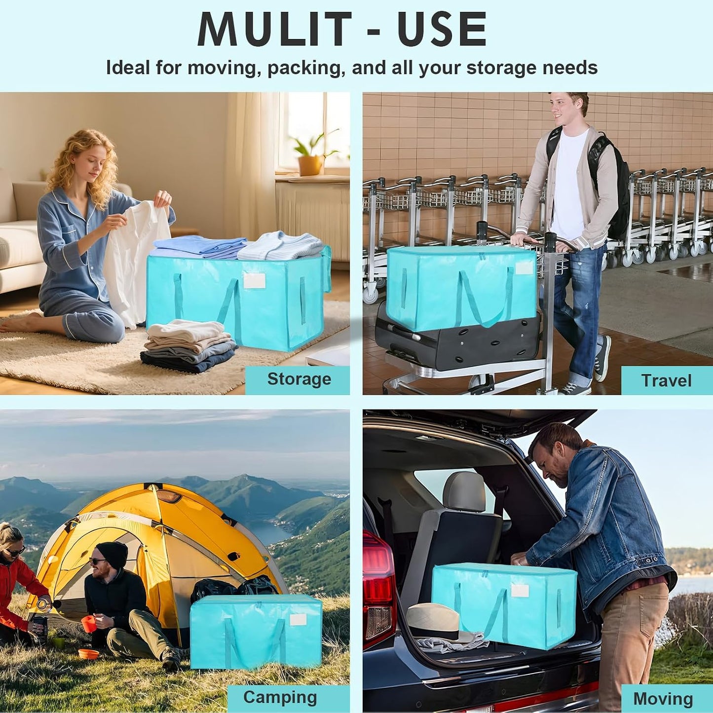 8 Pack-Extra Large Heavy Duty Moving Bags - Waterproof Storage Totes with Handles & Zippers, Foldable for College Dorm, Storage (Clear)
