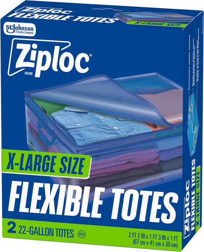 Ziploc Flexible Totes, X-Large Size, 22 Gallon, 2 Count Organizing Tote with Zipper and Built‑In Handles, Flexible & Stackable Clothing and Home Storage Bag