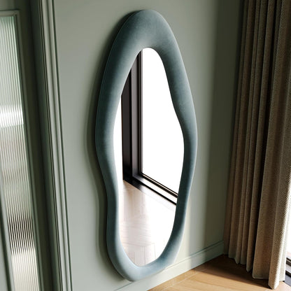 Honyee Full Length Mirror, 63" x 24" Wall Mirror, Flannel Wrapped Wooden Frame Floor Mirror, Irregular Wavy Mirror Hanging or Leaning Against Wall for Cloakroom/Bedroom/Living Room, Milk Tea