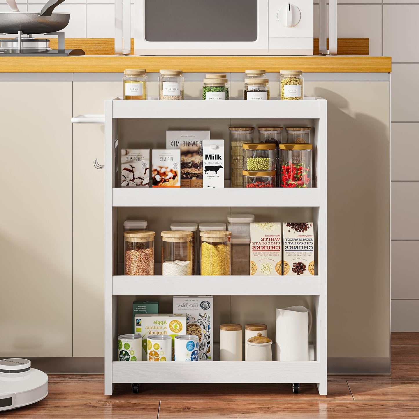 LIKIMIO 4 Tier Slim Storage Cart with Hooks, Wheels, Handle, Slide-Out Rolling Utility Cart for Small Spaces Kitchen, Narrow Mobile Shelving Unit Organizer Trolley, 23.6" L x 9.4" W