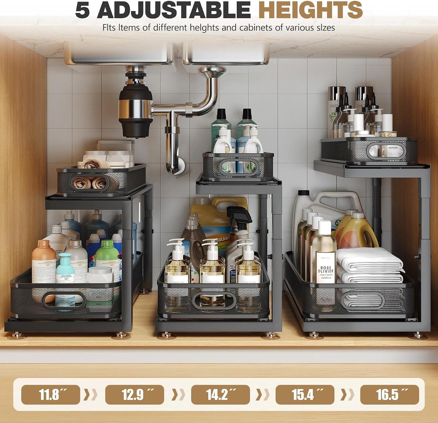 2-Pack Under Sink Storage Organizer with 2-Tier Slide Out Drawer, Sophisticated Mesh Pull Out Shelf for Kitchen & Bathroom, Fits Small Items, Upgraded Arched Track for Smooth Gliding(Patented)