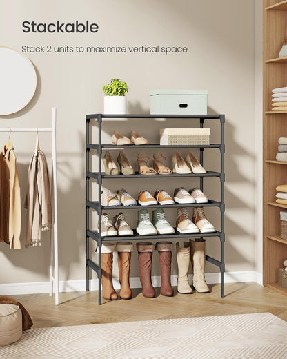 SONGMICS Shoe Rack, 2-Tier Shoe Storage Organizer, Space-Saving, 11.7 x 16.5 x 12.2 Inches, Entryway, Metal Frame, Non-Woven Fabric Shelves, Ink Black ULSH012BH01