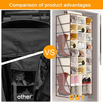 Hanging Shoe Organizer for Closet with 8 Shelves,Mesh Pockets-Wider Hanging Shelves for Shoes,Clothes,Hats with Sturdy Bamboo-Supported Design (Beige)