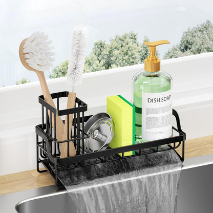 Consumest Sponge Holder for Kitchen Sink - Sink Caddy with Stainless Steel Self Drain Tray, Sink Organizer with High Brush Holder Countertop for Kitchen Sink Accessories, Black