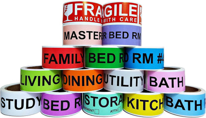 Aegis Adhesives - 1" X 4.5" Home Moving Color Coding Labels (16 Rolls, 50/Roll, 800 Total) 4 Bedroom House + Fragile Stickers - 14 Different Living Spaces + 2 Handle with Care