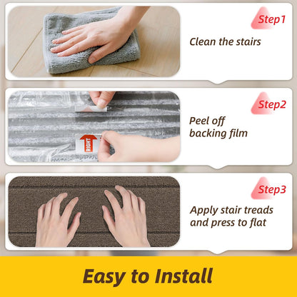 JSEI Stair Treads for Wooden Steps Indoor, 15-Pack Non Slip Stair Treads 30" x 8", Washable Polyester Stair Mats with TPE Backing, Low Profile Stair Rugs for Kids, Seniors and Dogs, Brown