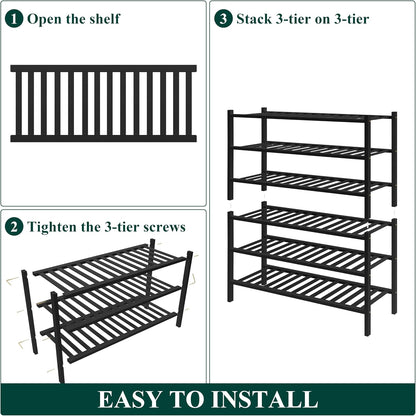 Smiry Bamboo Shoe Rack for Closet, 3 Tier Wooden Shoe Organizer, Stackable Wood Shoe Storage Shelf for Entryway, 14 Vertical Slats, One-piece Heavy-Duty Legs, 26.77"x11.02"x18.31", Natural
