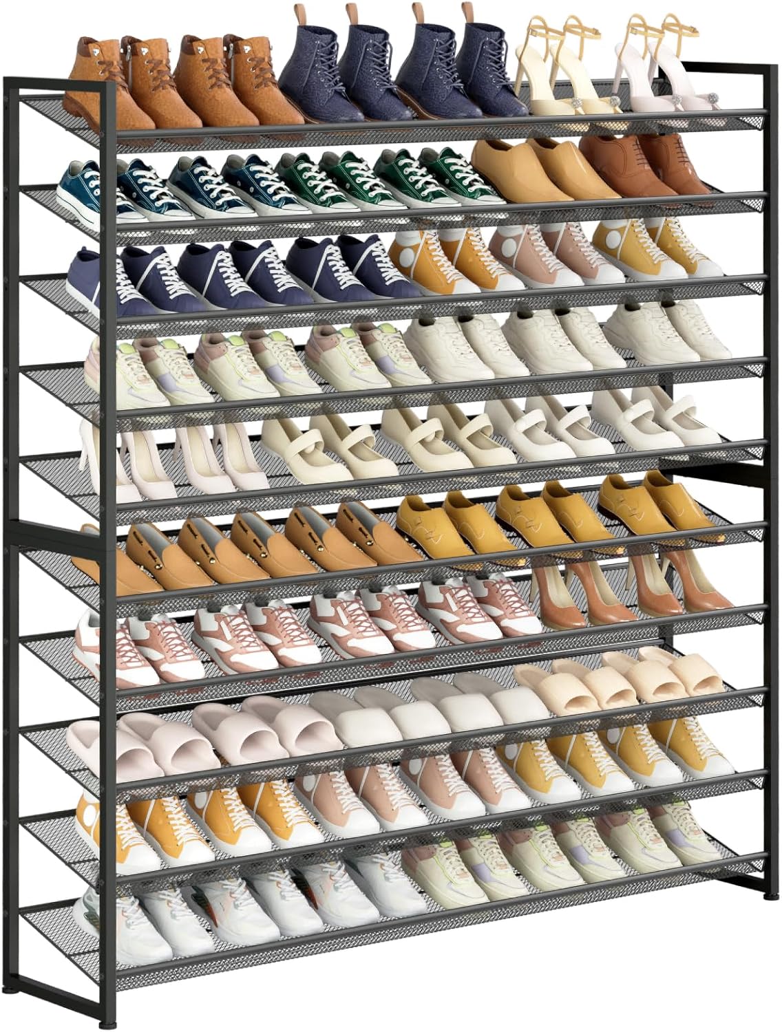 Large Shoe Rack 8 Tier Shoe Organizer, Heavy Duty Metal 4-Tier Stackable Shoe Storage Vertical Shoe Rack for Closet Front Door Entrance, Up to 50 Pairs, 44.8" W x 11.4" D x 56.7" H, Black