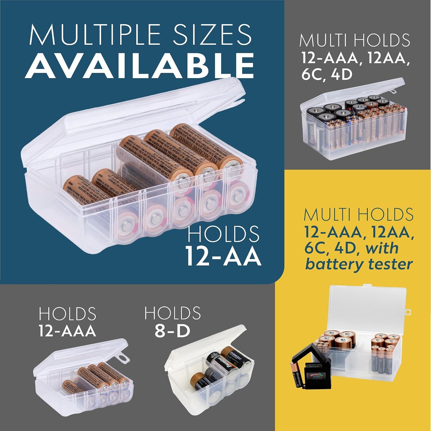 Dial Industries Battery Organizer Case with Tester for 12 AAA 12 AA 6C 4D | Compact cases for organizing in garage, toolboxes, RVs etc. Clear cases so easy to find in emergencies vs loose in drawer.
