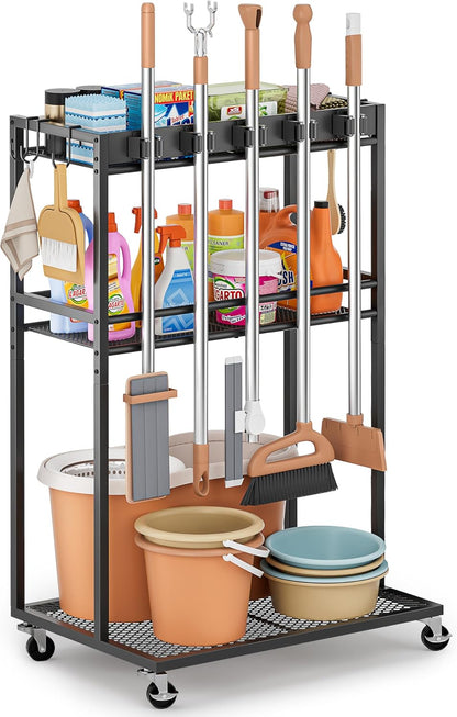 Olakee Taller Broom Holder with Cleaning Supplies Organizer, Broom Closet Storage Cabinet with Mop Hanger Gripper Rack Hooks, Housekeeping Janitorial Cart with Cleaning Caddy, Garage Home Improvement