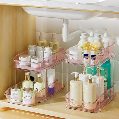 Delamu 2-Tier Under Sink Organizers and Storage, Multi-Purpose Stackable Bathroom Cabinet organizers, Pull Out Kitchen Pantry Organization and Storage with Dividers(2 Pack, Clear)