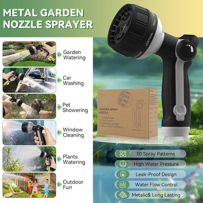 Garden Hose Nozzle Heavy Duty,Metal Water Hose Nozzle with 10 Adjustable Spray Patterns, High Pressure Hose Sprayer Nozzle Thumb Control On Off Valve for Lawn & Plant Watering, Car & Pet Washing
