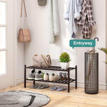 viewcare 3-Tier Black Bamboo Shoe Rack for Entryway, Stackable | Foldable | Natural, Shoe Shelf Storage Organizer for Hallway Closet, Free Standing Shoe Racks for Indoor Outdoor