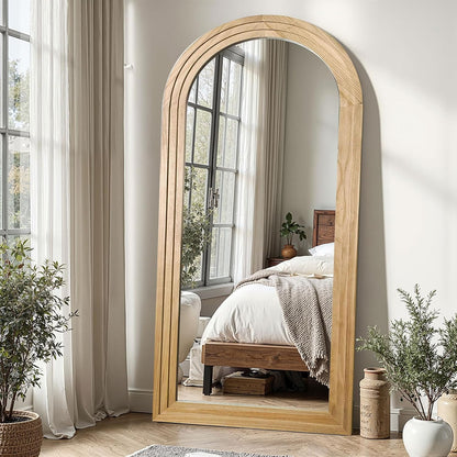 Delma Arched Full Length Floor Mirror with Stand, 75x35 Rustic Farmhouse Solid Wood Frame Wall Mirror for Bedroom, Living Room, Vertical Hanging & Standing(Brown)