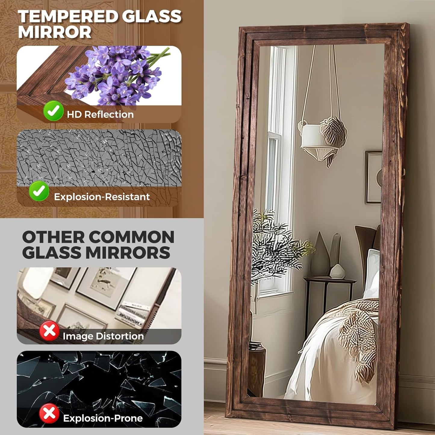 65"x22" Full Length Mirror Solid Wood Frame Floor Mirror with Stand for Living Room, Bedroom Hanging Standing or Leaning, Brown
