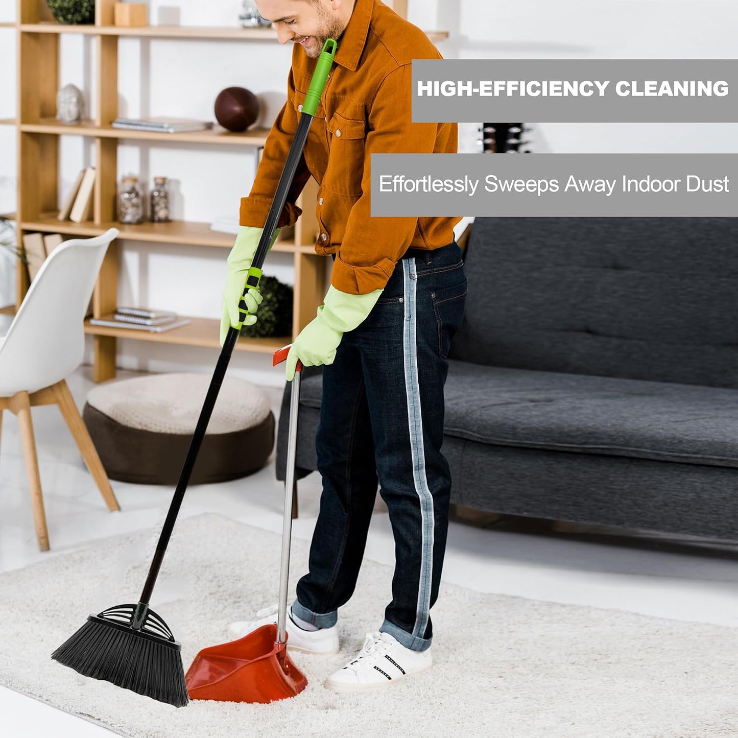 Four-Section Rod Long-Handled Broom,Heavy-Duty Broom, Angle Broom for Outdoor/Indoor（Black+Orange）