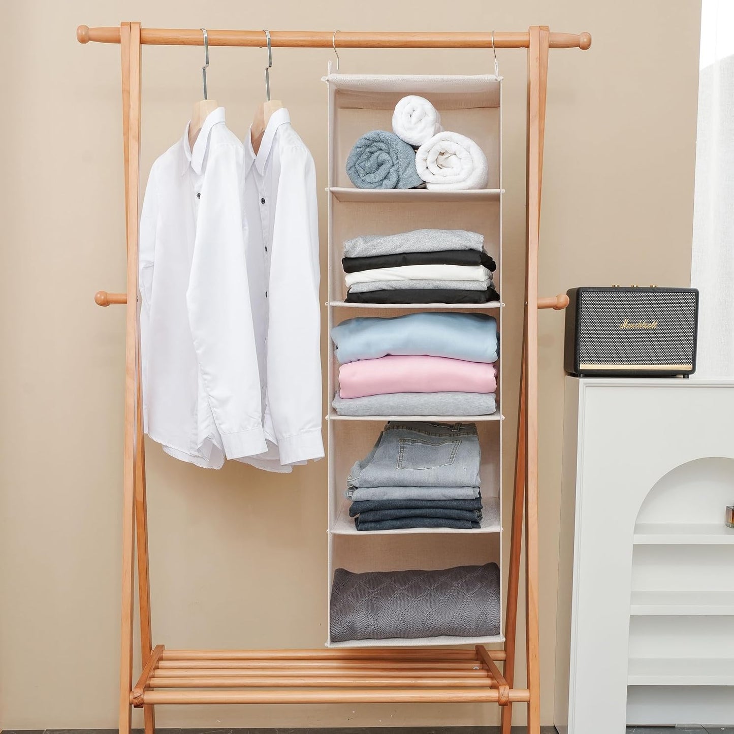 Large Hanging Sweater Organizer for Closet,Collapsible 6-Shelf Hanging Closet Shelves with Drawers, Washable (Grey-6 Shelf)