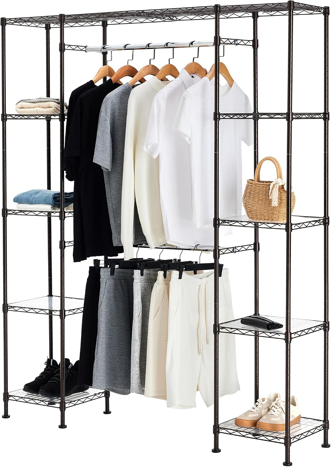 Amazon Basics Expandable Metal Hanging Closet Organizer System with Storage Shelves, Adjustable, Easy to Assemble, 57-80"L x 14"W x 72"H, Black