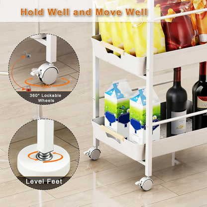6 Tier Slim Storage Cart with Pull-Out Baskets Rolling Cart with Wheels Wood Top Narrow Utility Cart Metal Shelving Units for Pantry Laundry Room Bathroom Kitchen White 8in(W)