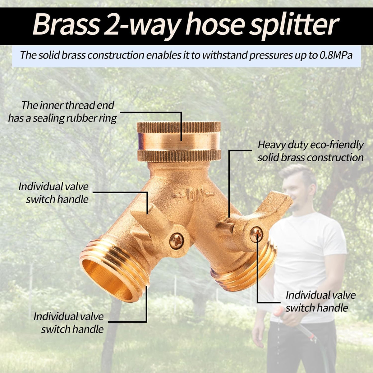 ORAEVY Brass 2 Way Hose Splitter, 3/4" Brass Y Way Garden Hose Connector with 2 Pcs Garden Hose Extension Adapter and 6 Rubber Washers