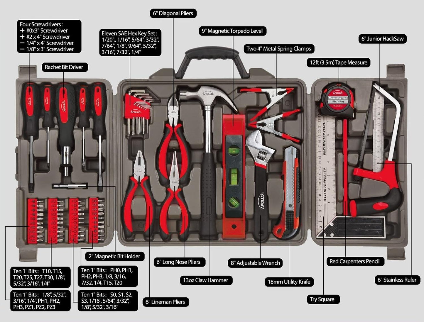 Apollo Tools 71 Piece Complete Household Tool Set with Clamp, Hacksaw, Carpenter Square, Screwdriver and Plier Sets for College, Home Repairs and DIY - Red - DT0204