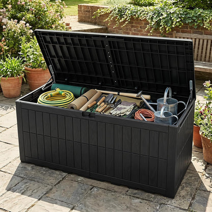 Tangkula 25 Gallon Waterproof Outdoor Storage Box with Lockable Lid | PP Resin, Wicker Patterned, Indoor Outdoor Use, Portable, Versatility, for Deck, Pool, Patio Cushions, Garden Tools