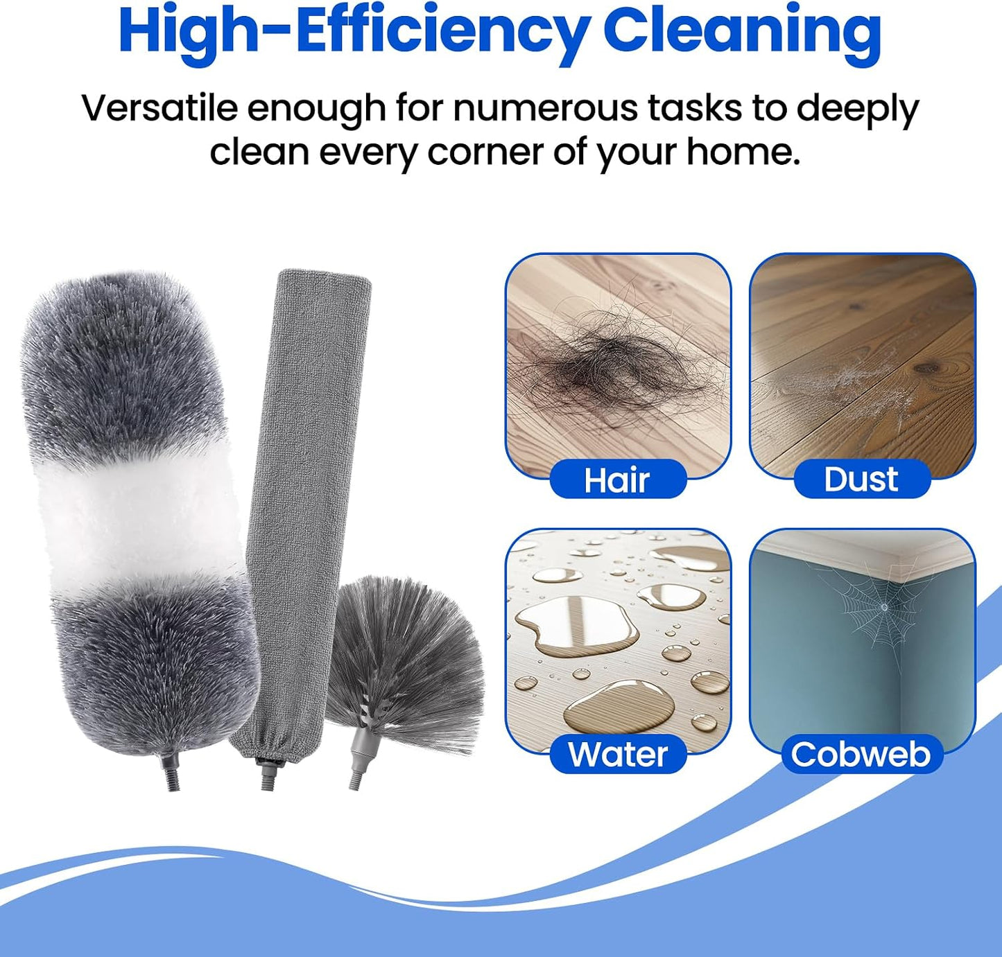 Extra-Long Dusters Kits with Extension Pole, 5 in 1 Cleaning Tools with Extendable Long Handle, Cobweb Duster, Microfiber Dusting Clothes for Gap, High Ceilings and Fans, Blinds, Cars and Furniture