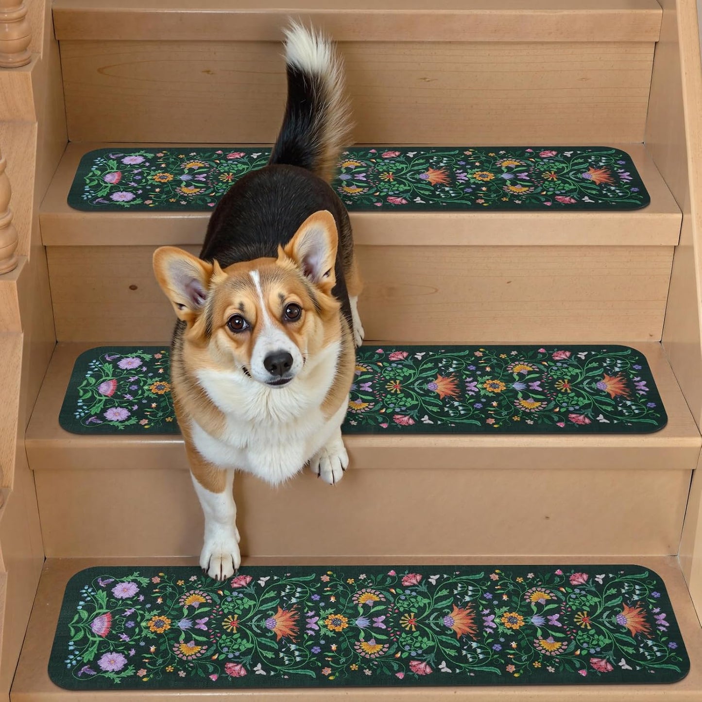 OJIA Floral Stair Treads Non-Slip Carpet Stair Treads for Wooden Steps Indoor 15PCS 30"x8" Stair Runner Stair Mats Staircase Step Treads for Kids, Elders and Dogs, Stair Covers, Black