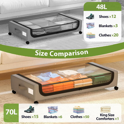 GoMaihe Under Bed Storage with Wheels: 48L Underbed Storage Containers with Lids - Rolling Bins for Shoes Clothes in Dorm Bedroom - Metal Drawers Easy Pull-out Grey 2-Pack
