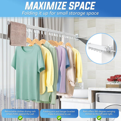 ZOFGENOW Clothes Drying Rack Wall Mounted Foldable, Retractable & Collapsible(Tri-Fold) Space-Saving Laundry Drying Rack for Indoor & Outdoor Use - Laundry Rooms, Bathroom & Balconies (White)