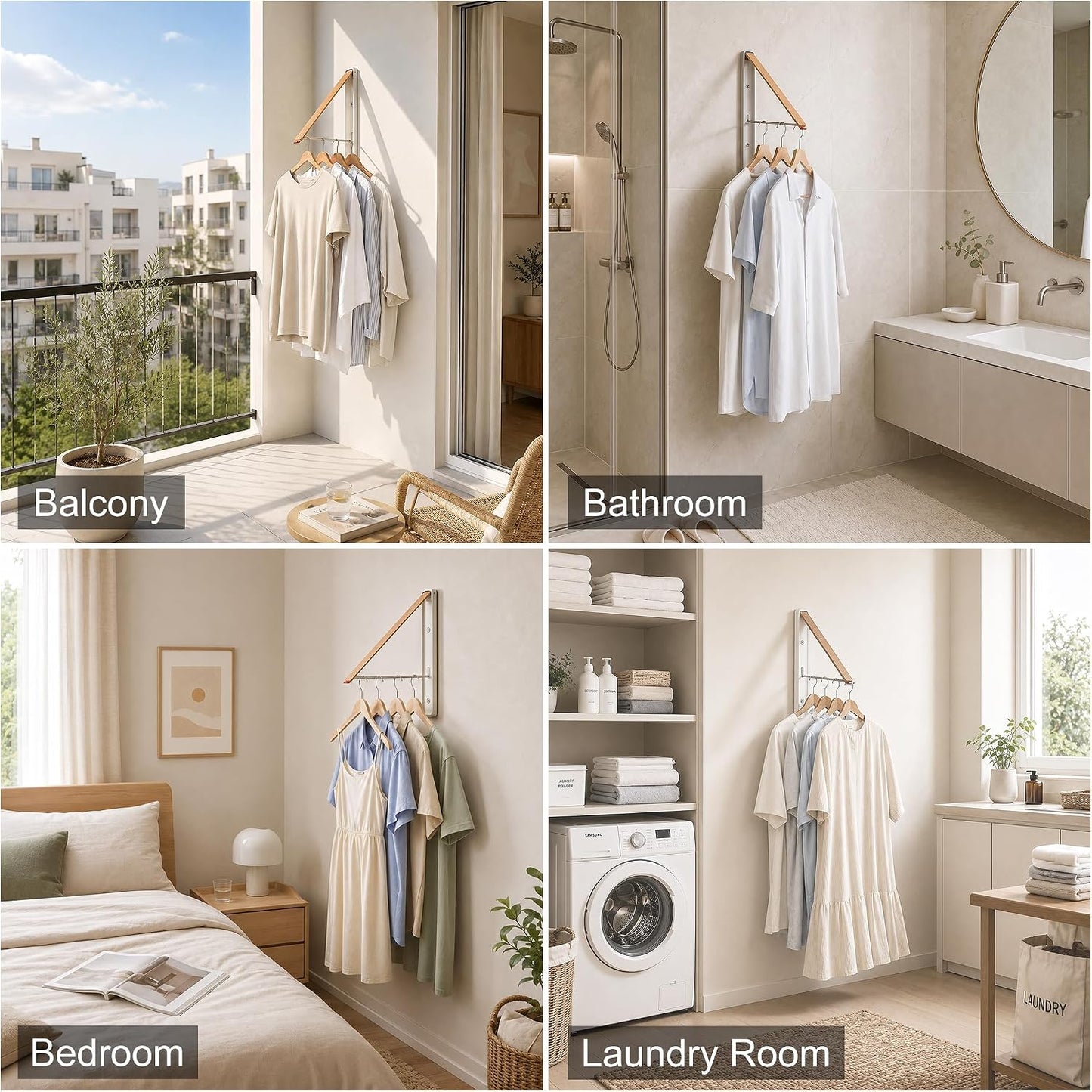 LEQ Clothes Drying Rack Wall Mounted, Foldable Laundry Drying Rack with Wood-Tone Aluminum Frame, Rustproof Retractable Clothes Hanger for Small Laundry Room, Bathroom, Balcony,White