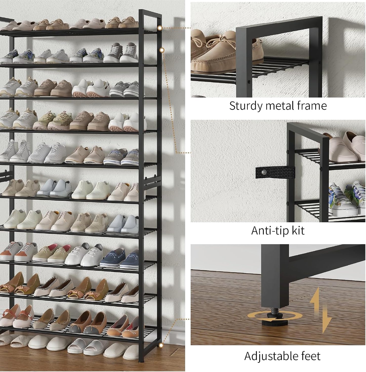 Stackable Shoe Rack, 6 Tier Metal Shoes Rack Storage Organizer,Large Capacity Shoe Shelf Max Holds 30 Pairs of Shoes,Sturdy and Stable, for Closet, Entryway,Garage，Black