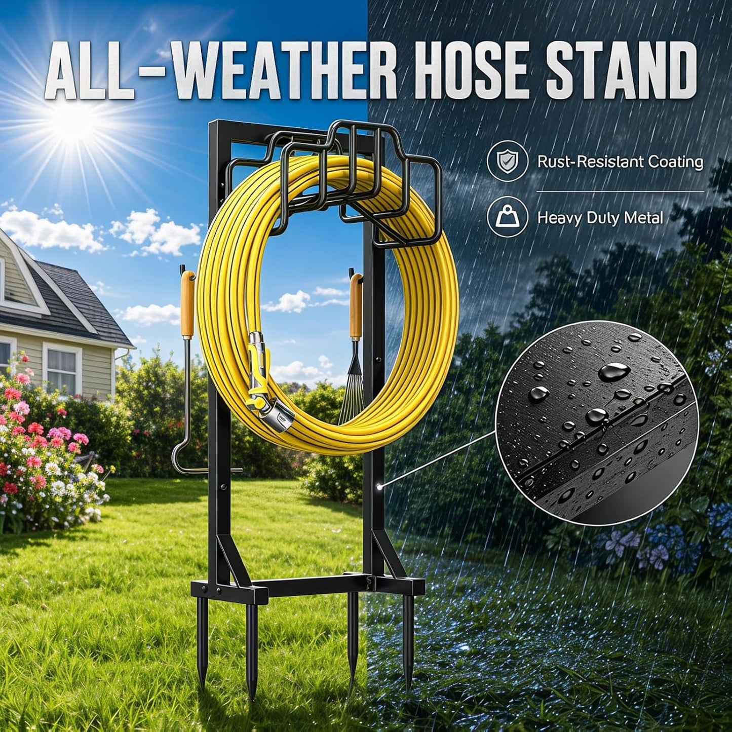 Skycarper Garden Hose Reel Holder Detachable Metal Water Hose Hanger Organizer Heavy Duty Free Standing Hose Stand (Deep Black)