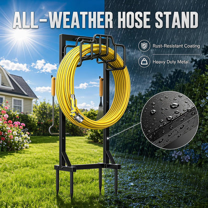 Skycarper Garden Hose Reel Holder Detachable Metal Water Hose Hanger Organizer Heavy Duty Free Standing Hose Stand (Deep Black)