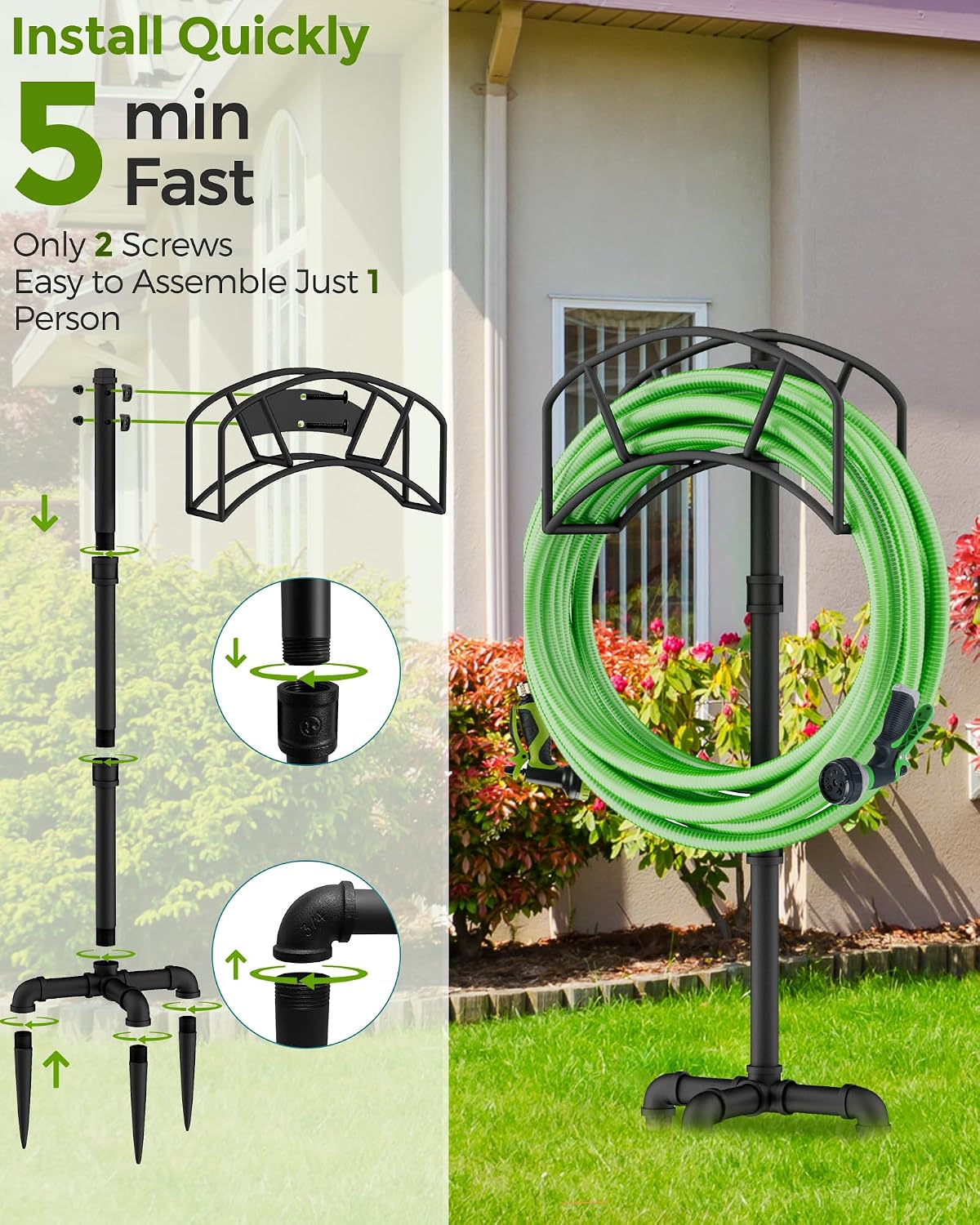 LAND·VOI Freestanding Garden Water Hose Storage Holder Stand for Outside, 160-Ft Hose Heavy Duty Metal Hanger Reel Organizer Outdoor Yard Lawn, Standing Keeper Rack with Ground Stake, Black GHH01BK01