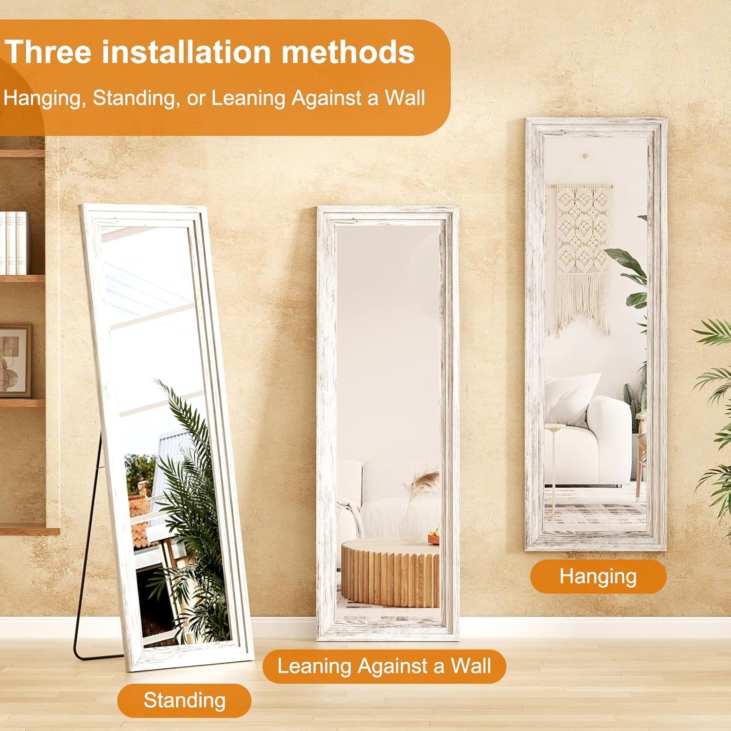 ZHUNFA Full Length Mirror, 71x32 Inch Full Length Mirror Wall Mounted | Vertical Hanging, Leaning Standing for Bedroom, Living Room, Rectangular Wooden Frame, Log Color.