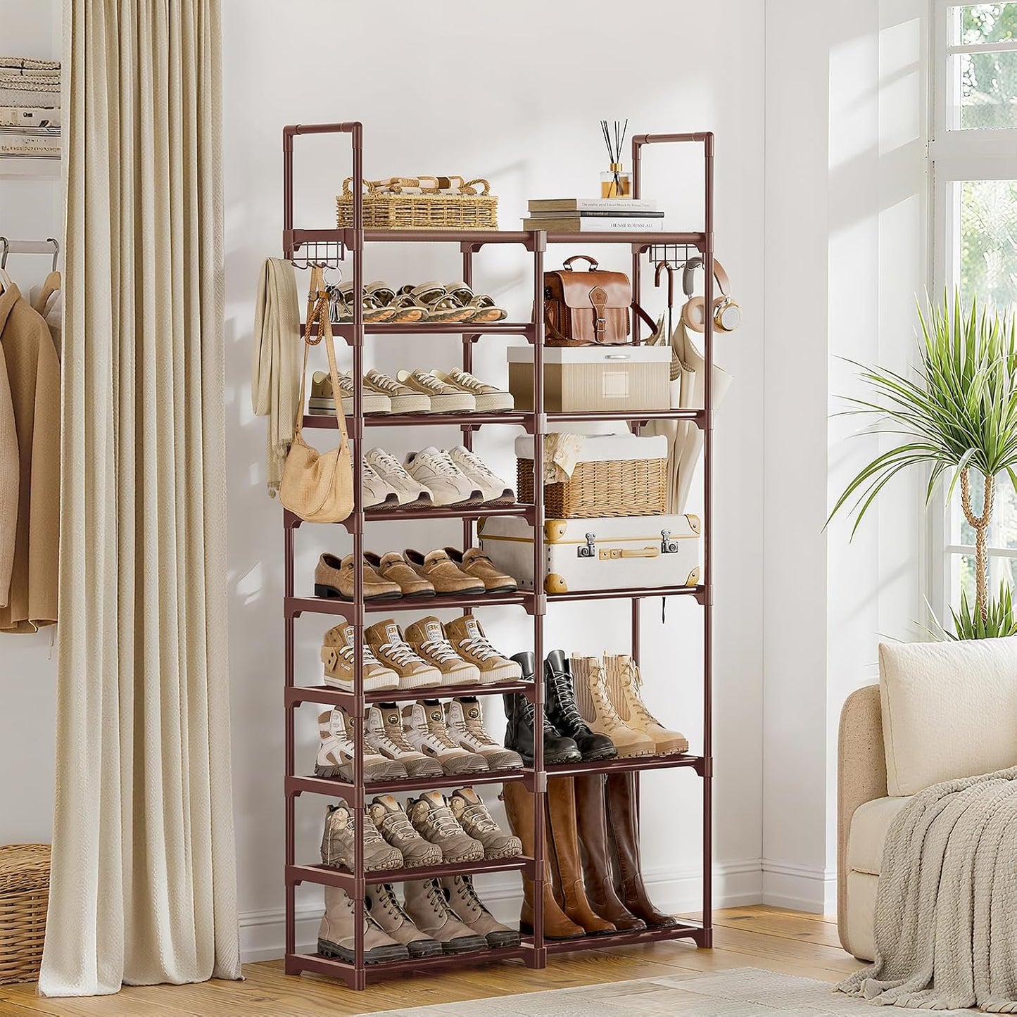 WOWLIVE 9 Tiers Large Shoe Rack Storage Organizer for Closet 50-55 Pairs Shoe Tower Unit Shelf Stackable Shoe Rack with Metal Pipes Plastic Connectors Black(SSS3B9)