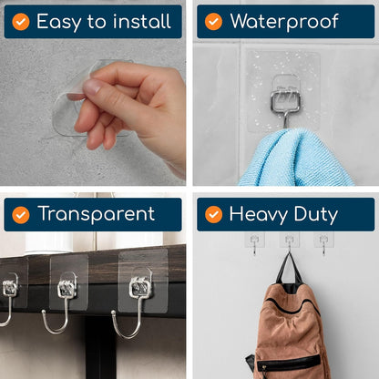 GLUIT Adhesive Wall Hooks for Hanging Heavy Duty 22 lbs Hooks for Walls No Drill, Towel Sticky Clear Hook, Waterproof, Home, Bathroom, Kitchen, Office, and Outdoor 12 Pack