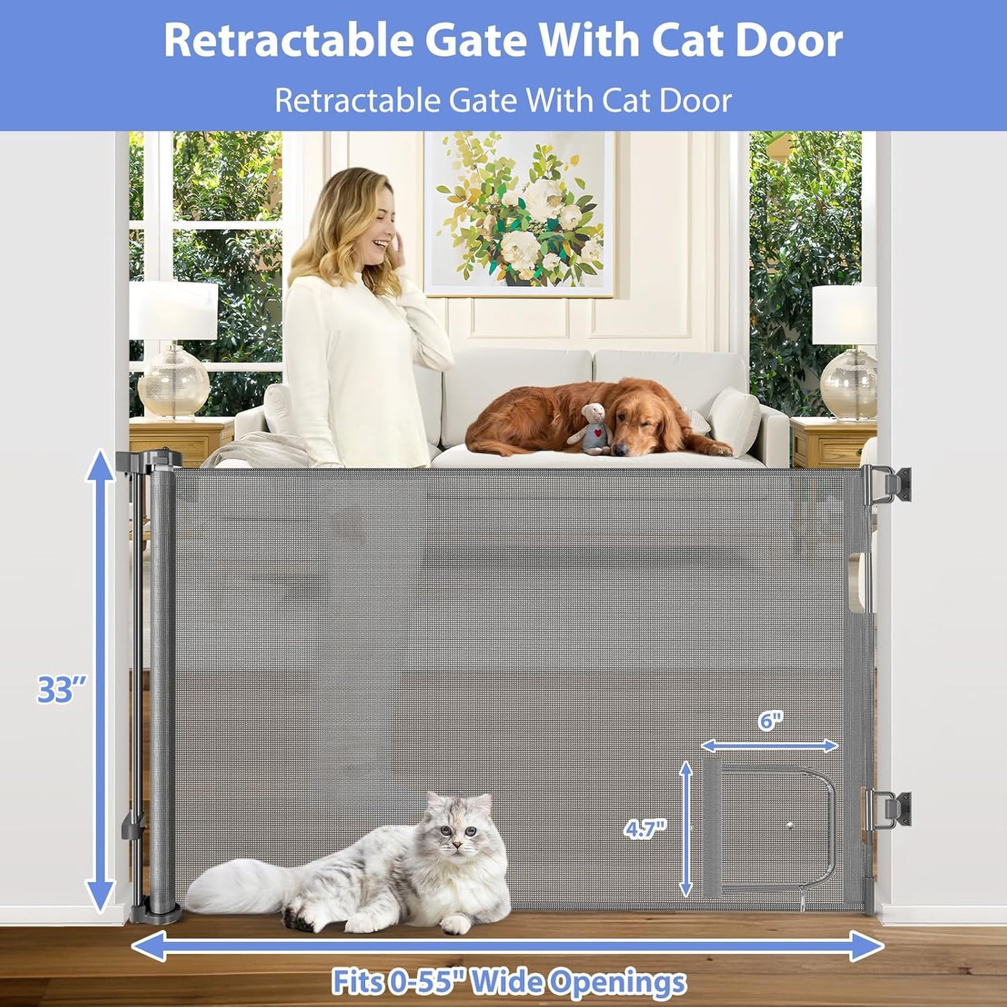 Retractable Baby Gate with Cat Door 55" Wide Retractable Baby Gate for Stairs Mesh Baby Gate with Pet Door Retractable Dog Gate for The House Retractable Pet Gate with Door Safety Gates for Toddlers
