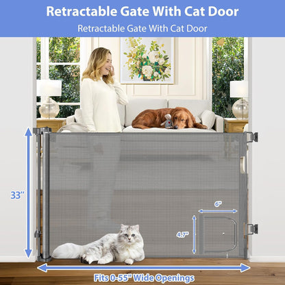 Retractable Baby Gate with Cat Door 55" Wide Retractable Baby Gate for Stairs Mesh Baby Gate with Pet Door Retractable Dog Gate for The House Retractable Pet Gate with Door Safety Gates for Toddlers