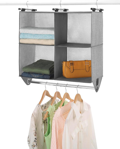 Whitmor 4 Section Fabric Closet Organizer Shelving with Built In Chrome Garment Rod