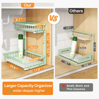 PXRACK Under Sink Organizer, Adjustable Height, 2 Tier Pull Out Under Cabinet Organizer, Slide Out Thickened Metal Under Sink Storage for Kitchen Bathroom Laundry Pantry Cabinet, White, Large-1-Pack