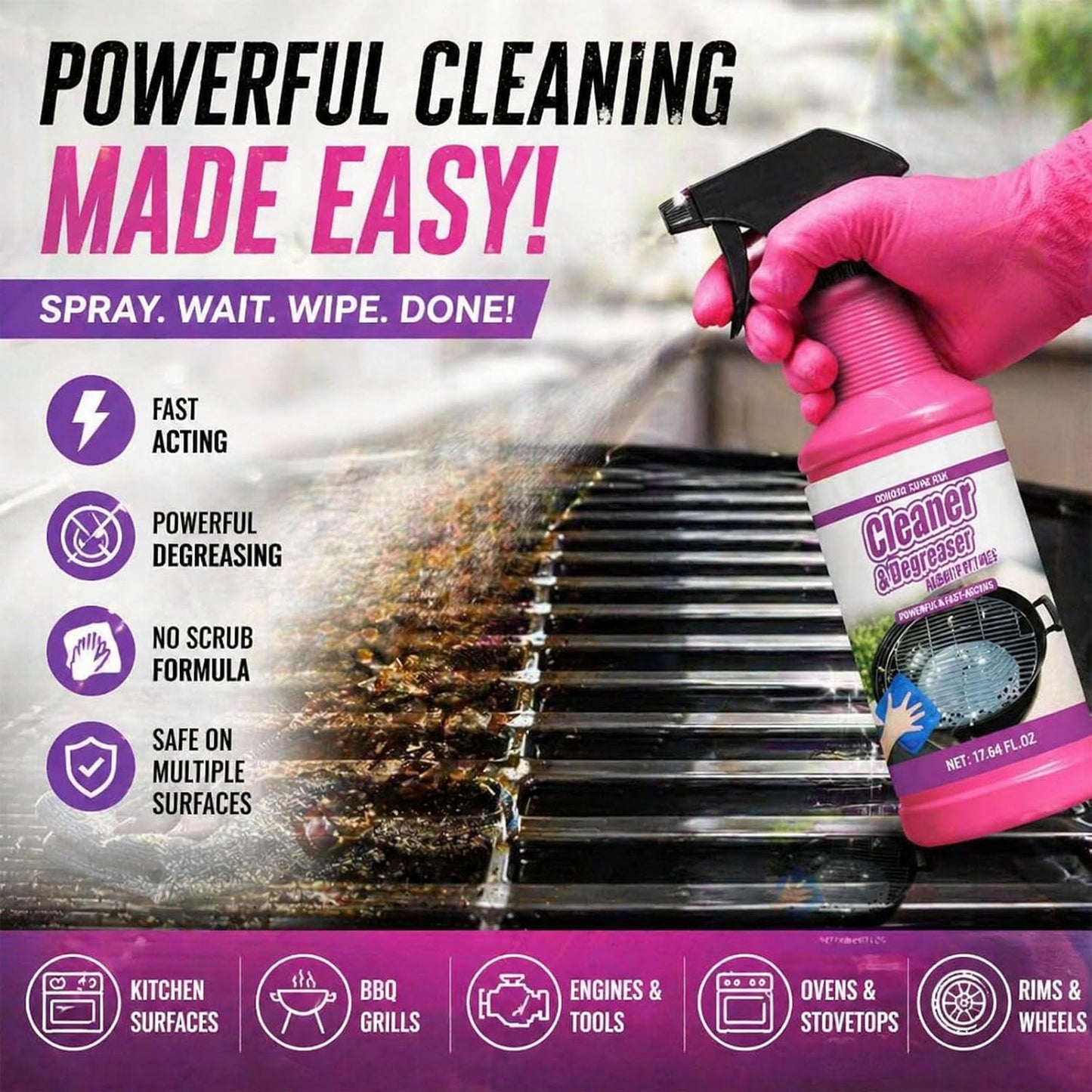 Fast-Acting Heavy-Duty Grill Degreaser Spray, Heavy Duty Degreaser Spray, Removes Grease, Oil & Grime, No Residue, Kitchen Grill Oven Engine Cleaner for Home & Automotive Use (1pcs)