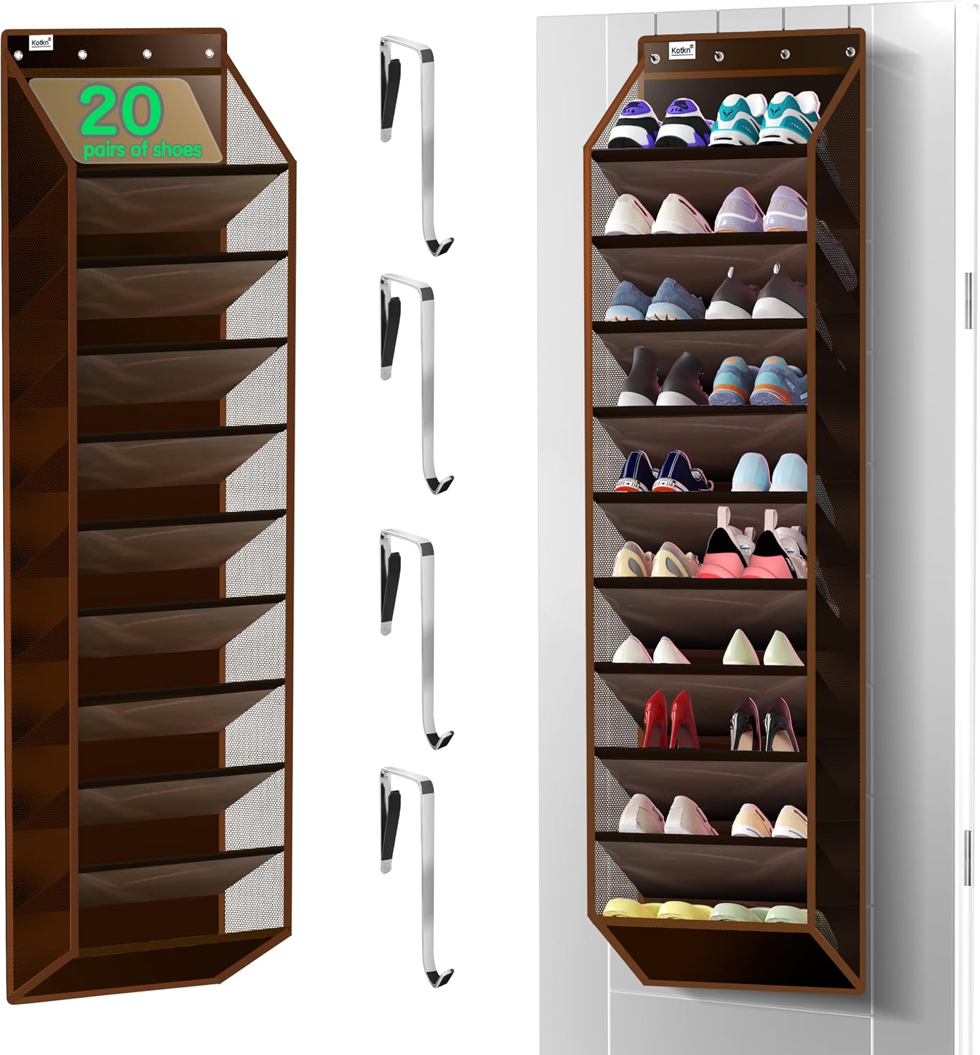 Kotkn 35 Compartment Over The Door Storage - Breathable Mesh Hanging Organizer with Large Pockets, Space Saving Design for Men & Women's Footwear, Closet, Bedroom （White）