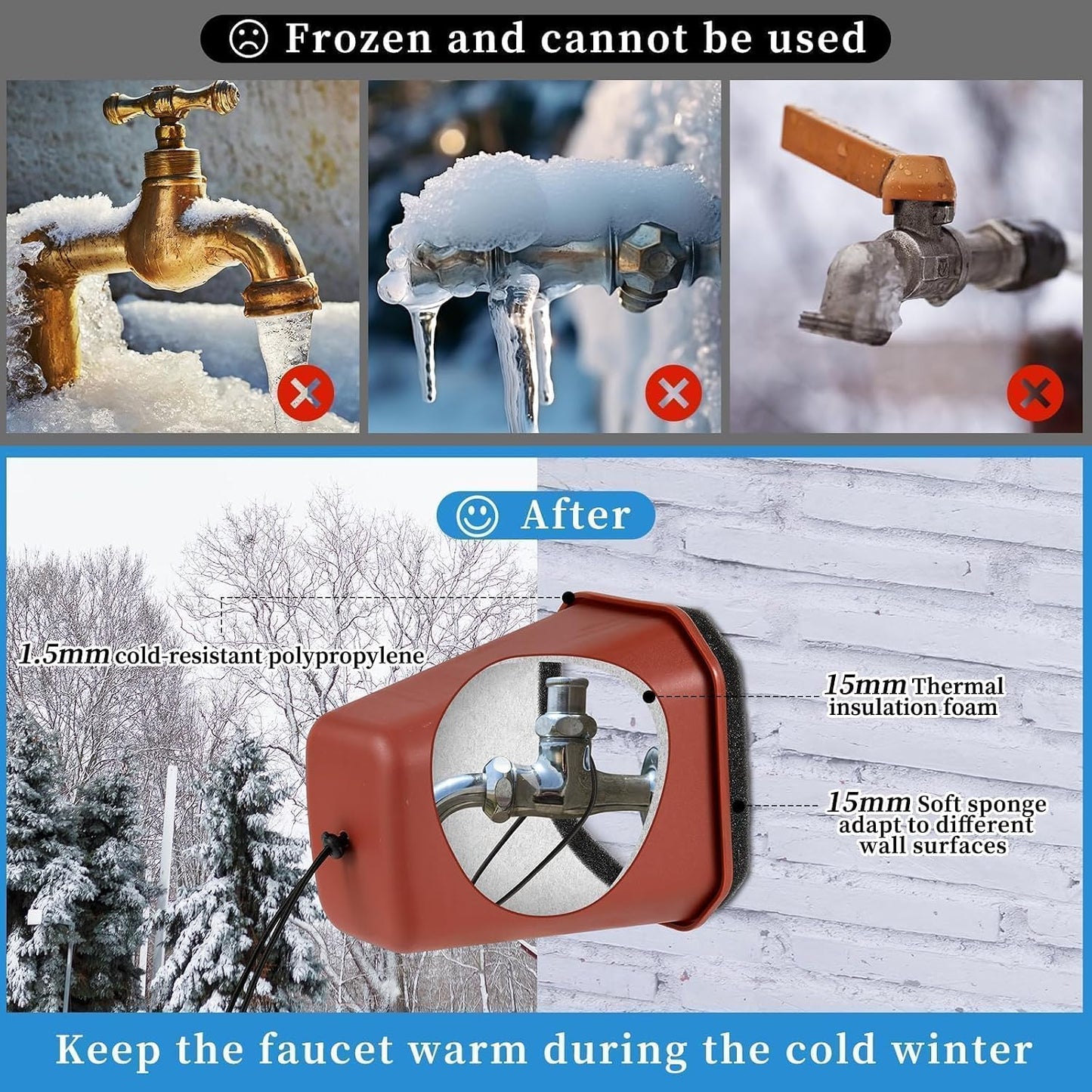 1 Pack 2026 Upgrade Extra Large Outdoor Faucet Cover for Winter Freeze Protection 8.5x7x5.5in Thick Plastic Foam Hose Bib Spigot Cover Winter Insulated with Reflective Strips (Red)